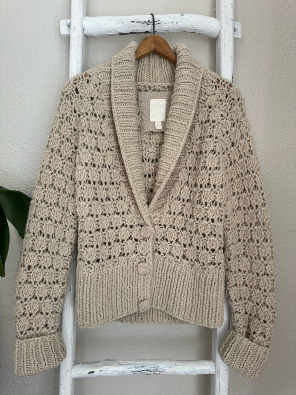 NWOT Neutral Cream Crochet-Style Chunky Knit Shawl Collar Cardigan Sweater